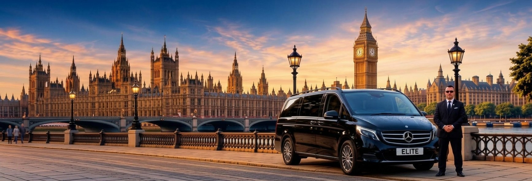 A chauffeur beside a black Mercedes V-Class on Westminster Bridge at sunset, with Big Ben and the Houses of Parliament behind