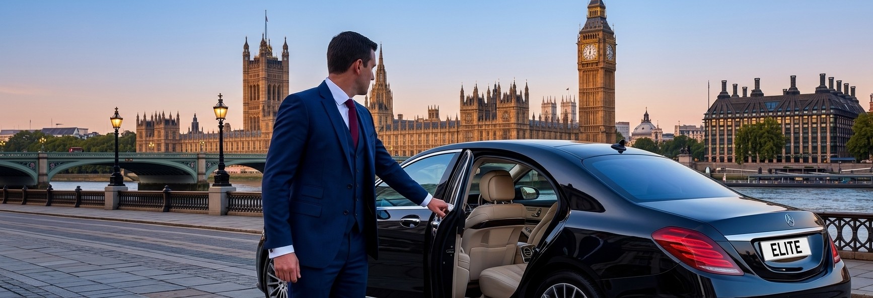 A chauffeur holding open the rear door of a black Mercedes S-Class beside the Thames, with Big Ben behind