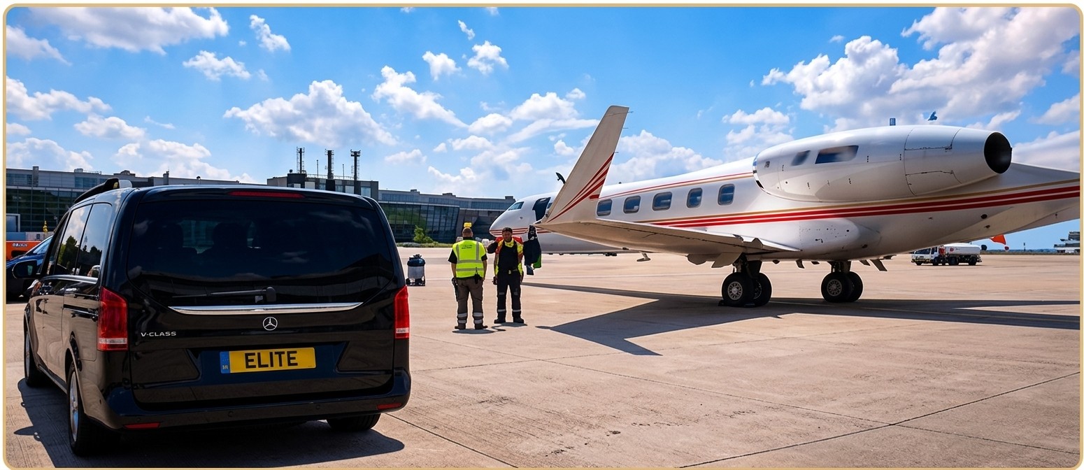 A black Mercedes V-Class waiting on the apron beside a private jet