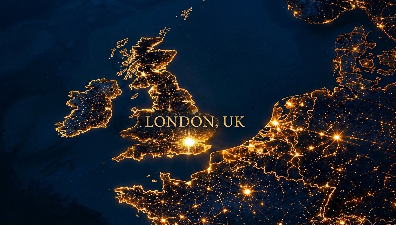 A night map of the UK and western Europe with London lit up, and routes radiating across the continent