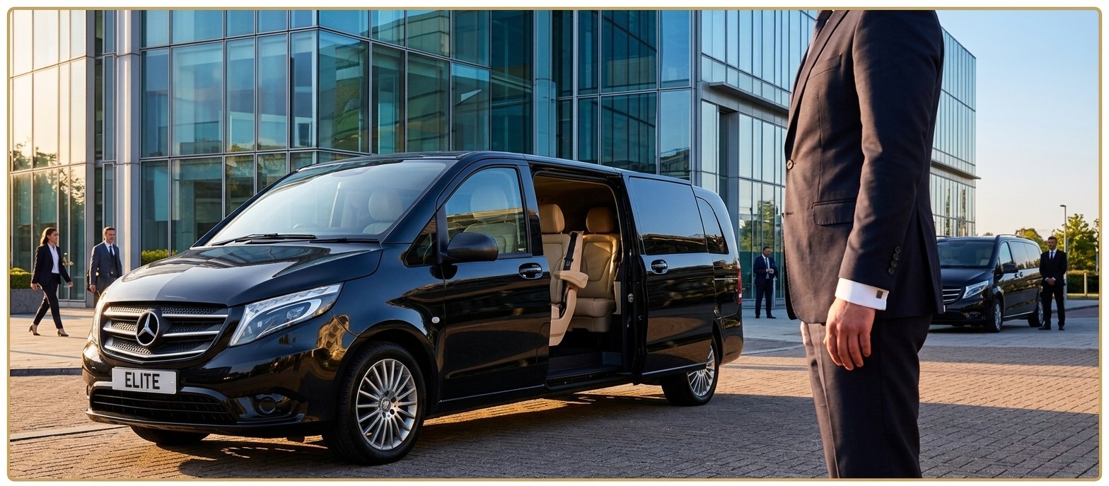 A black Mercedes V-Class with its side door open outside a glass office building
