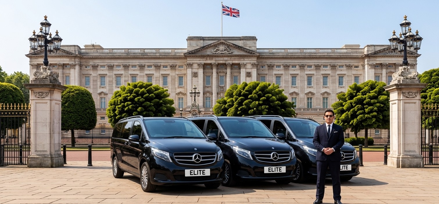Three black Mercedes V-Class vans and a chauffeur outside Buckingham Palace