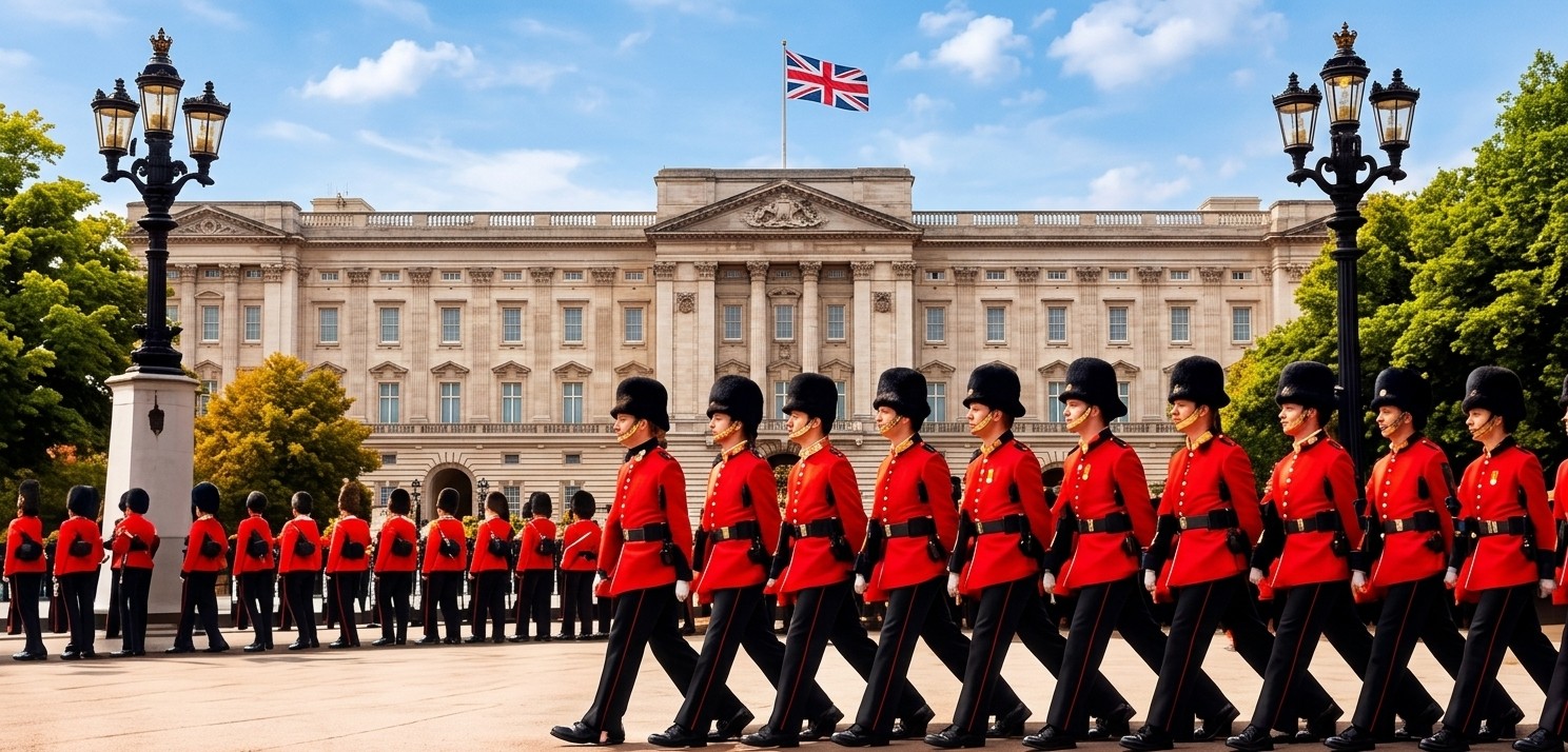 The Changing of the Guard marching in front of Buckingham Palace